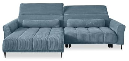 möbelando Wohnlandschaft >Wolve< blau, Ottomane Links, elektrische Sitztiefenverstellung, Metallfüße schwarz, Nosagunterfederung, Polyätherschaum, inkl. 2 Zierkissen, 277x108x179 cm (BxHxT)