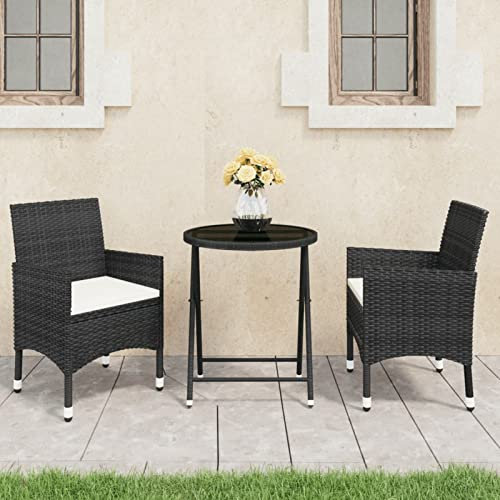 Sufrk 3-TLG. Bistro-Set Poly Rattan und Hartglas Schwarz Wetterfest Balkon Terrasse Bistro Garten Möbel Sitzgruppe Essgruppe Garnitur Set