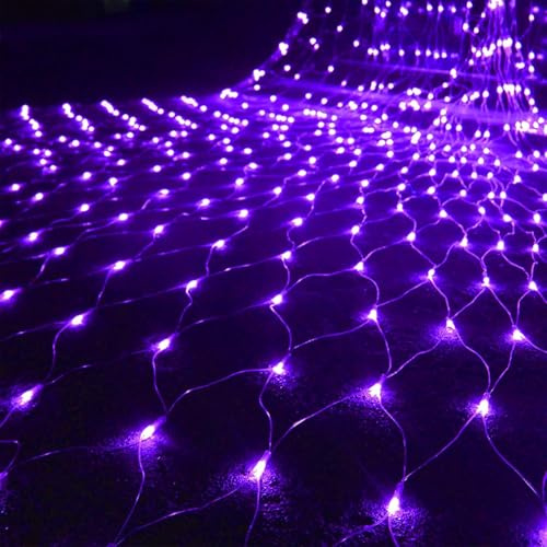 DINOWIN Lichternetz Außen Batteriebetrieben 1.5x1.5M 96LED Garden Net Lichter 8 Modi Dekoration Beleuchtung Wasserdicht Netz Lichtervorhang für Halloween Weihnachten Hochzeit Party (Lila)