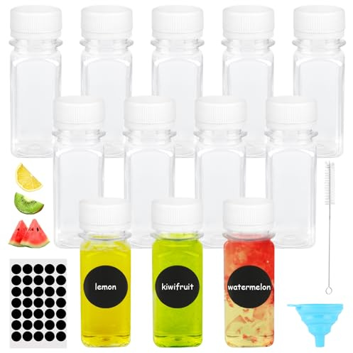 12 st liten plastflaska, 60 ml små flaskor att fylla på med tratt, borste och etiketter, liten skottflaska med juice, mjölk och vatten