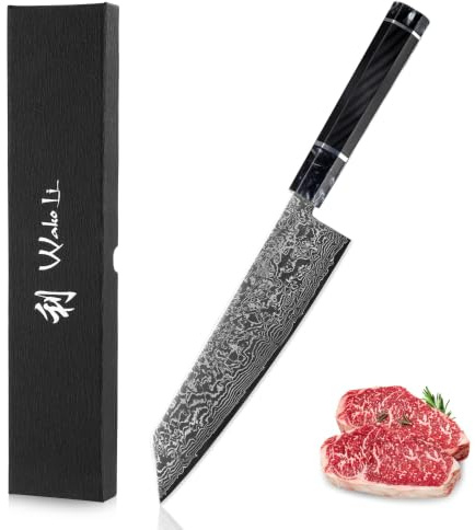 Wakoli Kuroyami Damastmesser 20 cm, Kiritsuke Chefmesser, 67 Lagen Damast | VG10 Kern, dunkles Finish, 15° V-Schliff beidseitig, 60 ± 2 HRC, achteckiger G10-Epoxidharz-Griff, Hidden Tang, Geschenkbox