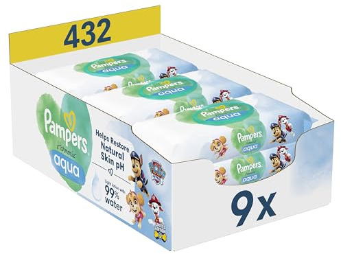 Pampers Harmonie Aqua, 432 Lingettes pour Bébé (9x48), Sans Plastique, Sans Parfum, Protection de la Peau Délicate Avec 99% D'Eau, Aide à restaurer le pH naturel de la peau
