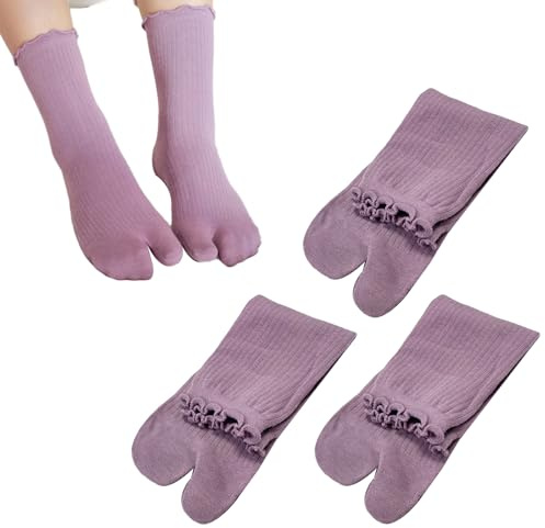 SUNTRADE 3 Pairs Tabi Split Toe Japanese Socks Frilly Cotton Tabi Sandal Socks for Women (US, Alpha, One Size, Regular, Regular, Purple)
