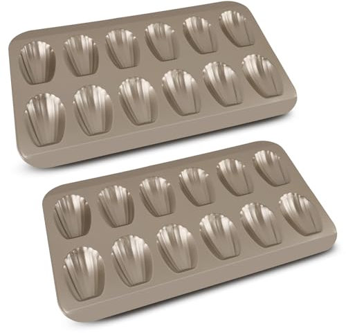 Mu Mianhua 2 Pieces Madeleine Tray Non-Stick Madeleine Baking Tins Shell Shape Cookie Tray Cookie Pans Baking Mold Cake Pan 12 Hole Cake Mould, Gold