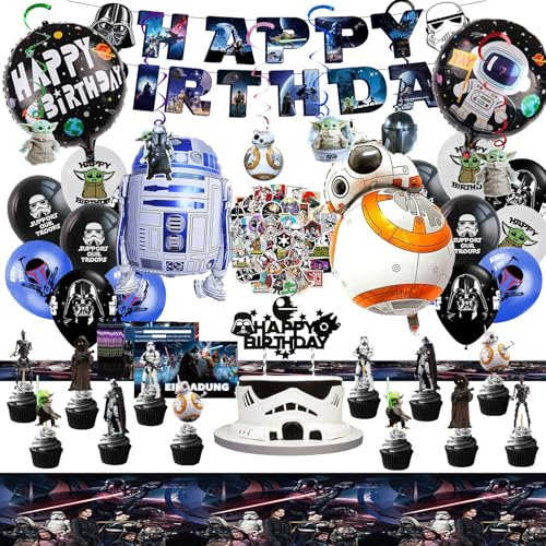 War Ballons Deko Set für Kinder, 103 Stück Luftballons Geburtstag Deko set, Enthält Banner, Tortendeko, Swirl Decoration, Einladungskart, Aufklebern, Tischdecke, Folienballons, Latexballons