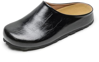 LJAIYI Women's Leather Clogs Slip-on Mules with Arch Support Soft Cork Footbed Potato Shoes Comfort Non-Slip Wide Width Sandals (Black,10)