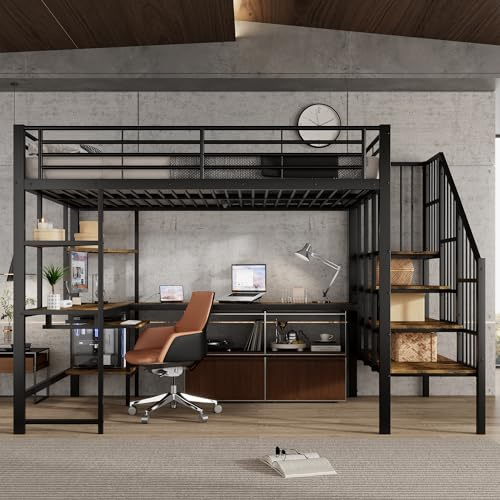 Arhatreya Cama alta 120x200 cm, puerto de carga, hierro, escalera de esquina, metal, espacio de oficina, habitación de niños/pareja, negro/oscuro