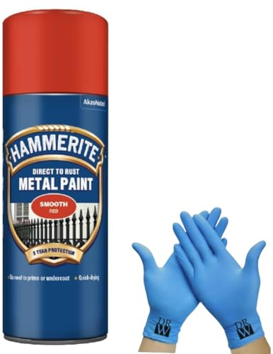 Hammerite Direct to Rust Metal Spray Paint Smooth Red 400ml + Free Nitrile Gloves | Fast-Drying Aerosol, Long-Lasting Rust Protection for Indoor & Outdoor Metal (RED)