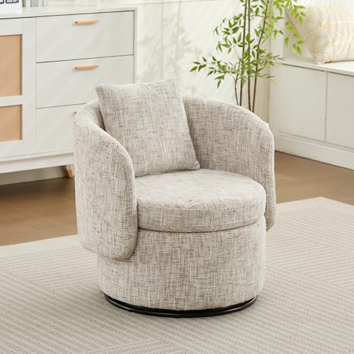 DEKKETO Drehstuhl mit Stauraum, 360° Schwenksessel aus Chenille mit Großem Kissen, Einfacher Aufbau, Bequemer Akzentstuhl für Wohnzimmer, Schlafzimmer, Elfenbein