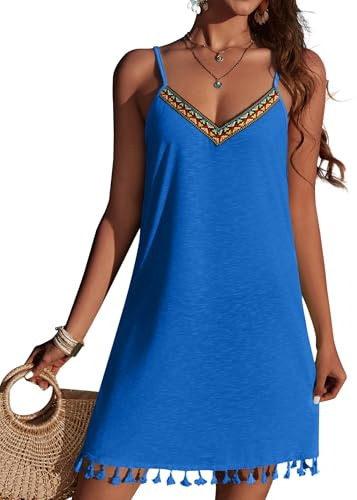 Ekouaer Beach Coverups for Women UK Boho Embroidered Beach Dress V Neck Adjustable Spaghetti Strap Bikini Cover Ups Tassel Hem Lightweight Summer Dress, S, Sapphire Blue