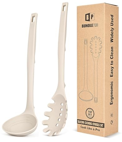 Silicone Pasta Fork and Soup Ladle Set, Heat Resistant Non Stick Kitchen Utensils with Back Hooks, Suitable for Cooking, Stirring, Serving Spaghetti, Soup, Sauce(KHAKI)
