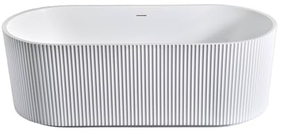 Belvit Rondo Baignoire design autoportante 170 x 80 cm, ovale, en acrylique, blanc mat, double paroi avec bandes verticales, baignoire autoportante, salle de bain de bien-être, blanc mat