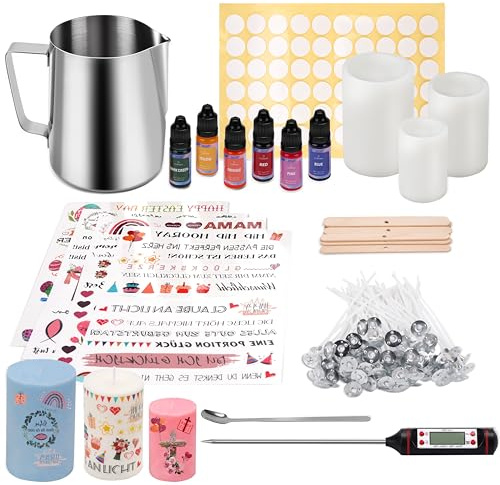 JelyArt Kerzenherstellung Kit Kerzen Selber Machen Set inkl 900 ml Kerzenwachs Schmelztopf mit Löffel, 3 Silikonform Kerzen-Gießen, 100 Dochten, 60 Haftetiketten IY Candle Making Kit als Geschenk