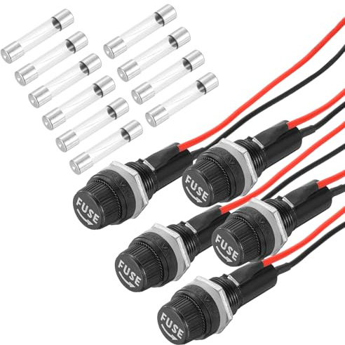 QUARKZMAN 5 STK Panel Mount Sicherungshalter 6 x 30mm 10/15A DC 125/250V Ringklemmen Schraubkappe Sicherungshalter Mit Vorverlöteten Drähten Und 5A Glasröhrensicherungen