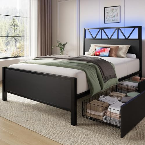 LIKIMIO Twin XL Bed Frames with 2 Storage Drawers, Charging Station and LED Lights, Platform Twin XL Bed with Headboard, Strong Metal Slats, No Box Spring Needed, Easy Assembly, Noise-Free, Black
