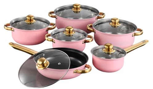 F Fityle 6 Piezas Batería de Cocina Set de Utensilios Sartén Antiadherente Acero Inoxidable Tapa de Vidrio Resistencia Desgaste Adecuado para Ambientes, Rosa, Individual