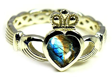 Irischer Claddagh-Silberring mit natürlichem Edelstein, Freundschaftsring, 55 Karat, Größe 5 bis 12, Edelstein, Natürlicher Labradorit