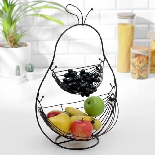 LOLAhome Frutero Pera de 2 alturas Negro de Metal | Frutero con 2 Cestas Negras para almacenar Fruta, Verdura y Pan
