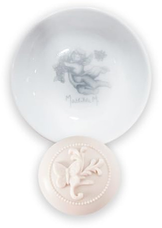 Mathilde M - Jabonera redonda con forma de ángel de cerámica, color blanco, diámetro 9,5 cm + Jabón Perlas Mariposa - Voltige