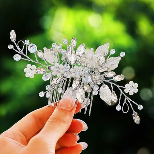 Gorais Leaf Bride Wedding Hair Comb Pearl Bridal Hair Piece Crystal Side Comb Hair Accessories for Women and Girls