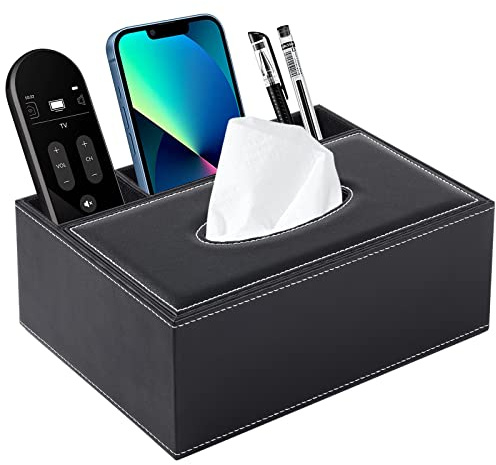Multifunction PU Leather Tissue Box Cover Rectangular Upgrade Large Size Stationery Napkin Remote Control Holder Storage Box,Facial Tissue Dispenser Desk Organizer Caddy Home Office Supplies (Black)