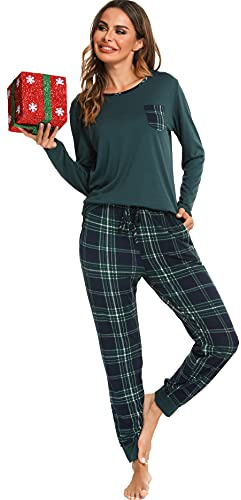 Vlazom Femme Ensembles de Pyjama Doux Pyjama Manche Longue Femme Col Rond Confortable Pantalon à Carreaux de Ensemble d'intérieur 2 Pièces pour Noël Automne Hiver