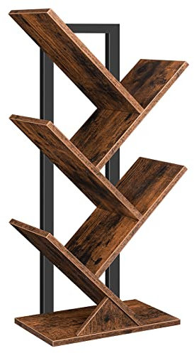 HOOBRO Bücherregal, Standregal mit 4 Ebenen, Holz DVD Regal, in Baumform, Metallgestell, für Wohnzimmer, Arbeitszimmer, Kinderzimmer, Vintagebraun EBF04SJ01G1