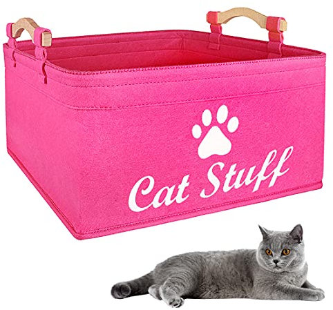 Aufbewahrungskorb für Hundespielzeug, Hundebekleidung und Zubehör, Aufbewahrungskorb für Haustierbedarf, Filzkörbe für Büro, Schlafzimmer, Spielzeug (39,6 x 29 x 22,1 cm, rosa Katze)