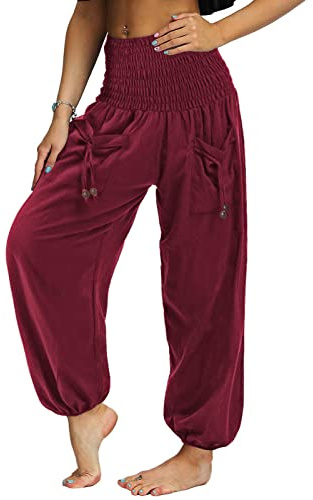 Nuofengkudu Pareja Hippie Pantalon Harem Elásticos Cintura Alta Bolsillos Bombachos Comodos Yoga Pants Pantalones Unisex Pijama Verano Playa Viaje Casual