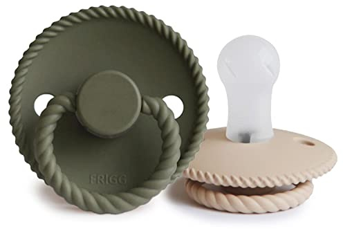FRIGG Rope Silikon Schnuller | Schnuller 2 Packung | Symmetrischer Sauger in Kirschform | BPA-frei | Hergestellt in Dänemark | Silikon Schnuller | (Croissant/Olive, Größe 1 (0-6 Monate))