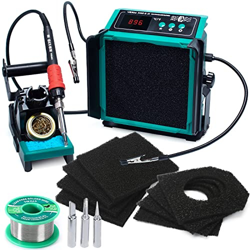 YIHUA 948DQ-III 2 in 1 Solder Smoke Extractor Fan 110W Soldering Station Kit Smoke Absorbing Angle Temperature Display Hands Iron Holder Extra 3 Iron Tips 8 Filters 35g Lead-Free Soldering Wire