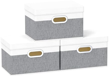Yawinhe 3 Stück Aufbewahrungsbox mit Deckel,32x23x20cm,Weiß/Grau | Faltbare Stoff Aufbewahrungskorb;Waschbare Faltbare Stoffboxen;Kisten Aufbewahrung mit Praktischen Metallgriff