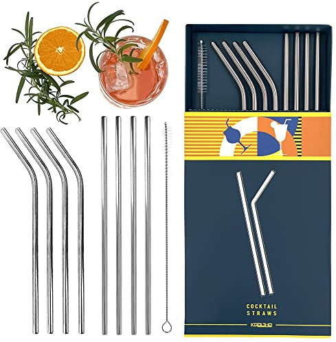 Juego Pajitas Reutilizables Acero Inoxidable, Pack 16 Piezas Cañitas Metal y 2 Cepillos de Limpieza, 8 Pajitas Metálicas Rectas Largas, 8 Pajita Curvas o Dobladas, ¡Tome una Decisión Ecológica!