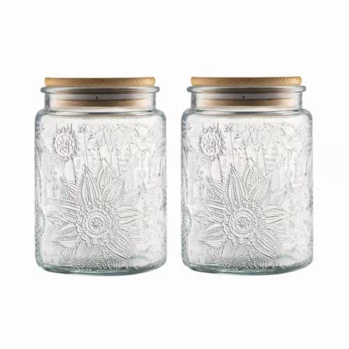 ANSQU 2 Pack Vintage Glass Storage Jar, 23.7 FL OZ Glass Food Storage Containers with Bamboo Lid, Candy Jars with Lids for Kitchen Counter, Pantry, Coffee, Tea, Sugar