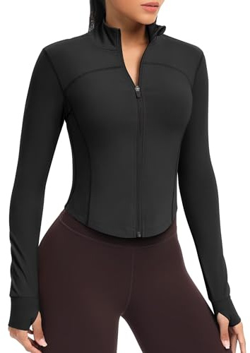 QUEENIEKE Kurze Damen Sportjacke – Leichtes atmungsaktives Yoga-Oberteil mit Daumenlöchern für Fitness & Training (Schwarz, M)
