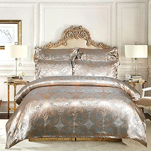 INFLAG Satin Duvet Cover Twin Size, Floral Jacquard Satin Duvet Cover Set 3 Piece Luxury Silk Like Bedding Comforter Cover Set 68x90, 2 Piece Pillowcase with Zipper Closure & Corner Ties (07,Twin)