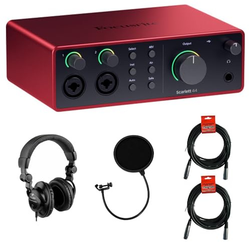 Focusrite Scarlett 4i4 USB-C Audio/MIDI Interface (4th Gen) Bundle with Polsen HPC-A30 Studio Monitor Headphones, Pop Filter and 2x XLR- XLR Cable