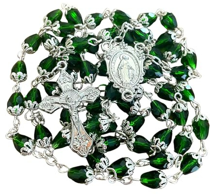 AMPALS Rosenkranz mit grünen Perlen, Rosenkranz mit wundertätiger Medaille der Jungfrau Maria, mit Schmuckbox, Geschenk, Ostern, Kommunion, Taufe, Konfirmation, Weihnachten, Geburtstag, Geburt,