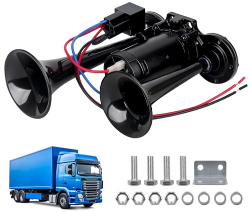 PLLYPE Bocina de aire para camión de 12 V, 150 dB, doble trompeta con compresor, bocina de aire súper fuerte para coche, cromo, zinc, doble trumpet de aire, para coches, camiones, trenes, barcos