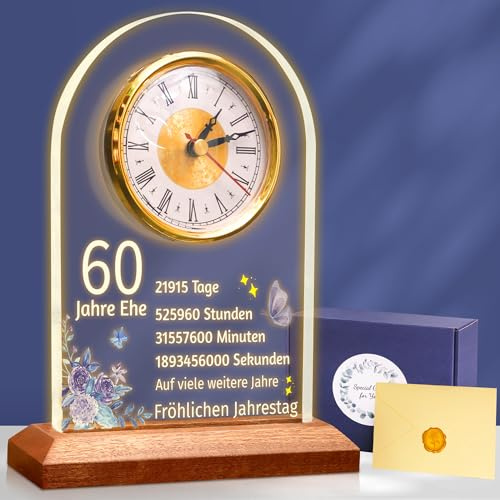 OkiyiD 60. Jahrestag Hochzeit Geschenk, Jahrestag Quarzuhr, Schreibtisch Tisch Uhr, 60 Jahre Ehe, Diamantene Hochzeit für Paar, Eltern, Großeltern (60. Jahrestag)
