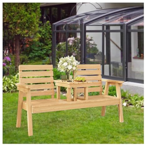 ZHENGQIAN Chaise de Foyer d'extérieur Deux Places, Banc Robuste Toutes Saisons for 2 Personnes, Ensemble de bancs en Bois avec Trou for Parapluie, Dossier et accoudoirs(C)