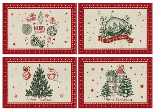 AFXXE Platzset Weihnachten, Tischset Weihnachten Abwaschbar, Platzdeckchen Winter 30x45cm, Rot Grün Weihnachtsmotiv Platzsets 4er Set, Tischsets Weihnachtsmotiv Stoff Genutzt für Tischdeko(Rustikal)