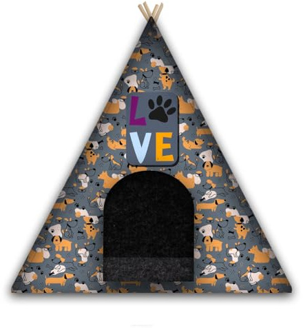 Arco Design Hundezelt Tipi Zelt Katzen Hund Katzentipi Mit Kissen 67x60x60 cm Katzenbett Hundebett Tierbett Maschinenwaschbar Filz Holz Love Dogs Grau L