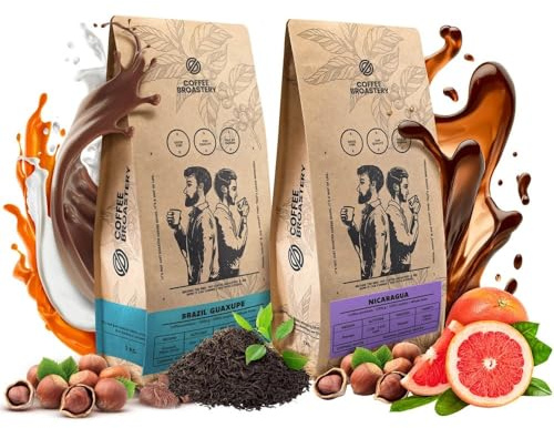Coffee Broastery Kaffeebohnen Nicaragua Guaxupe Frisch Geröstet 2kg | Brasilien 2x1kg Spezialitäten Kaffee, 100% Arabica, Ganze Bohnen, Noten von Schokolade Nuss und Grapefruit