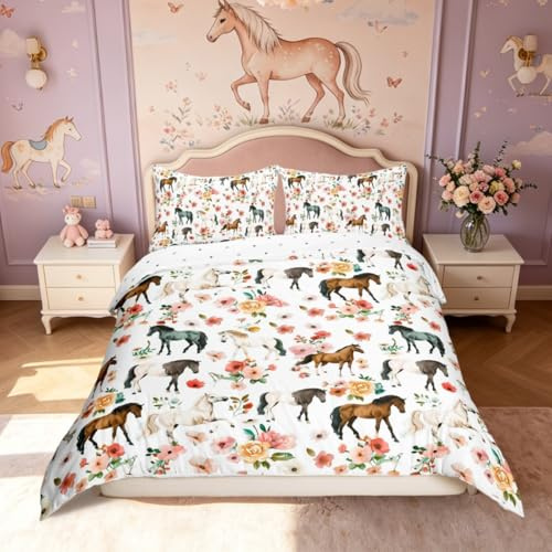 Homemissing Horse Duvet Cover Set Double Size For Kids Girls Boys Teens Galloping Horse Bedding Set Cute Animal Decor Bedding Comforter Cover Set Floral Flower White Quilt Cover with 2 Pillowcase