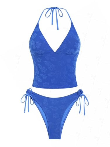seamoly Tankinis para Mujer a Rayas con Cuello Halter, Cordón y Lazo Lateral, Conjunto de Tankini de 2 Piezas, Traje de Baño, Azul -06, XL