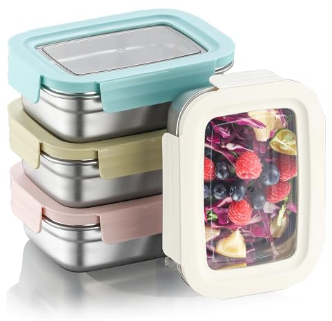 Misichao Edelstahl-Frischhaltedosen mit Deckel, stapelbare Lebensmittelbehälter für Küche und Speisekammer, auslaufsicher, wiederverwendbar, Metall-Bento-Lunchbox für Kinder und Erwachsene, 650 ml, 4
