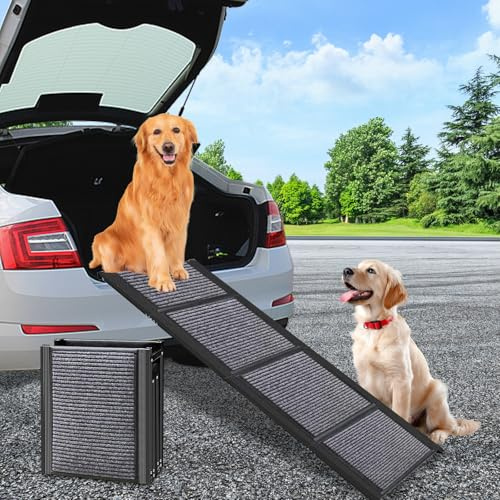 DYUEE Rampa per cani per auto, extra lunga 170 cm, in metallo, fino a 150 kg, pieghevole, superficie antiscivolo, gradini lunghi per cani di taglia grande e SUV