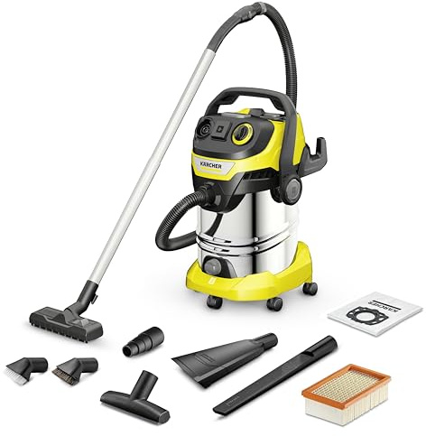Kärcher Aspiradora húmeda/seca WD 6 P S V-30/6/22/T Car & Pet incluida, toma de corriente, filtro de superficie, caja de filtro patentada, limpieza de filtros, 1.300 W, contenedor de acero inoxidable