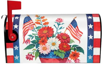 4th of July American Flower Mailbox Cover, Patriotic Red Blue 21 Lx 18 W Magnetic Mailbox Cover, USA Floral Standard Size Post Letter Box Wrap Decor, Independence Day Garden Yard Outdoor Decoration